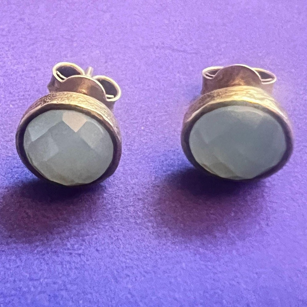 Vintage Vermeil Stud Earrings Aqua Faceted Semi Precious Stones‎ Minimalist
